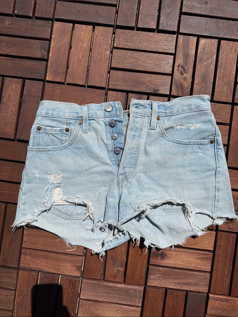 Levi Light Blue Distressed Button-Fly Denim Shorts - Women